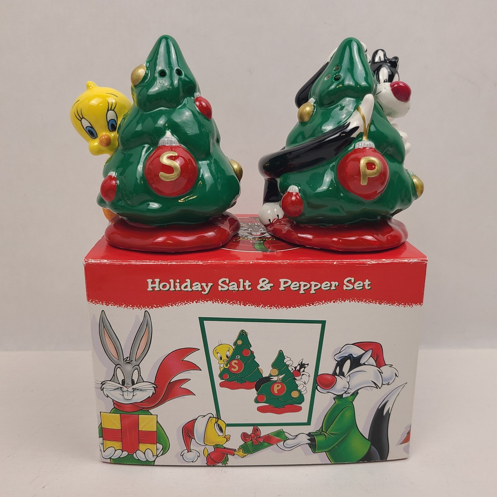 Vintage Looney Tunes Tweety Sylvester Christmas Tree Salt Pepper Shakers 1996 WB