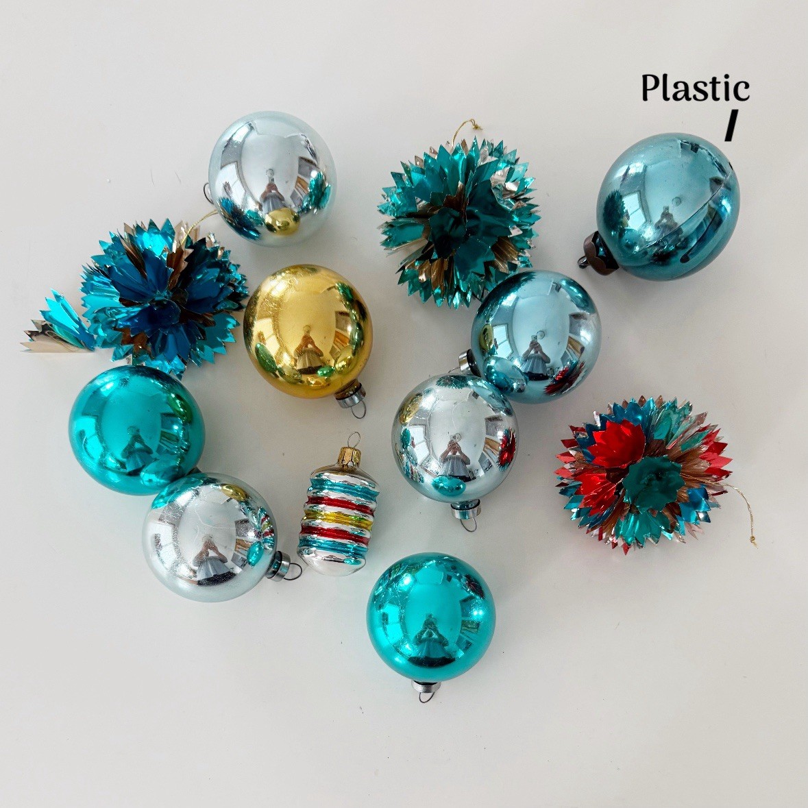 Vtg Mid Century Christmas Lot Columbia Accordion Glass Balls Teal Foil Poms MCM