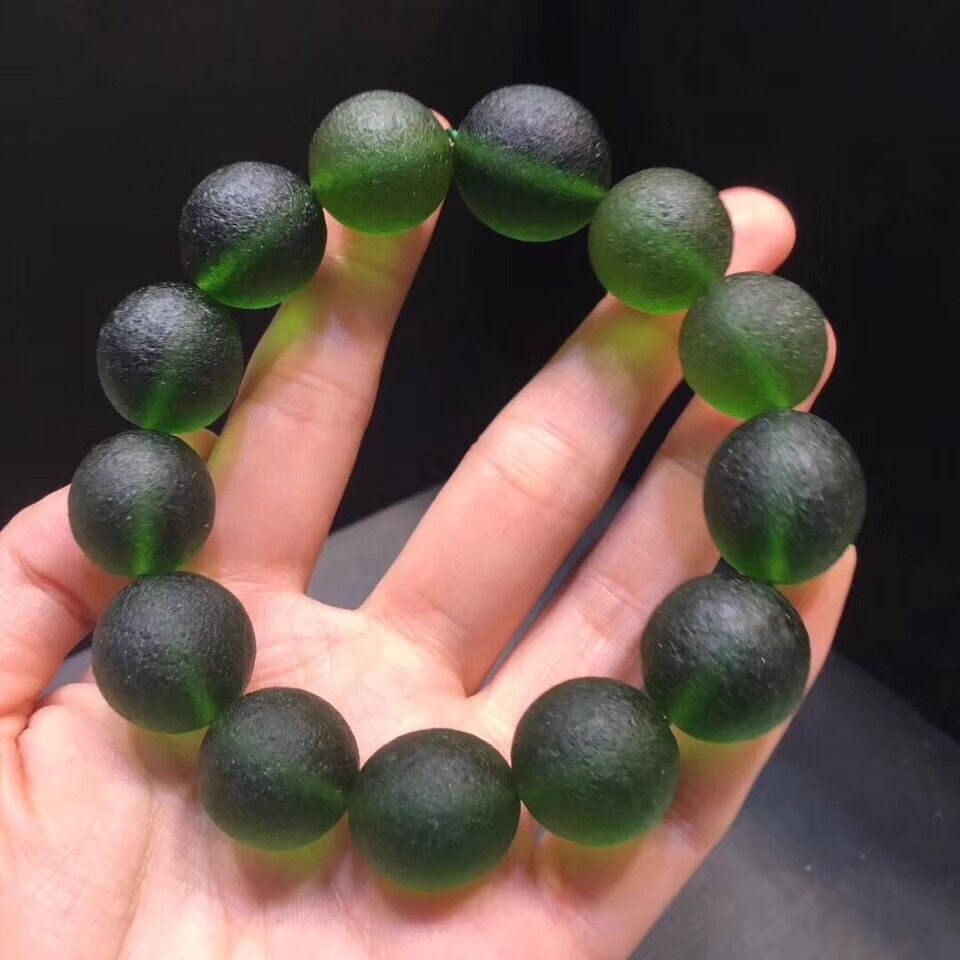Genuine Natural Green Moldavite Meteorite 17mm Gems CZECH Woman Beads Bracelet 