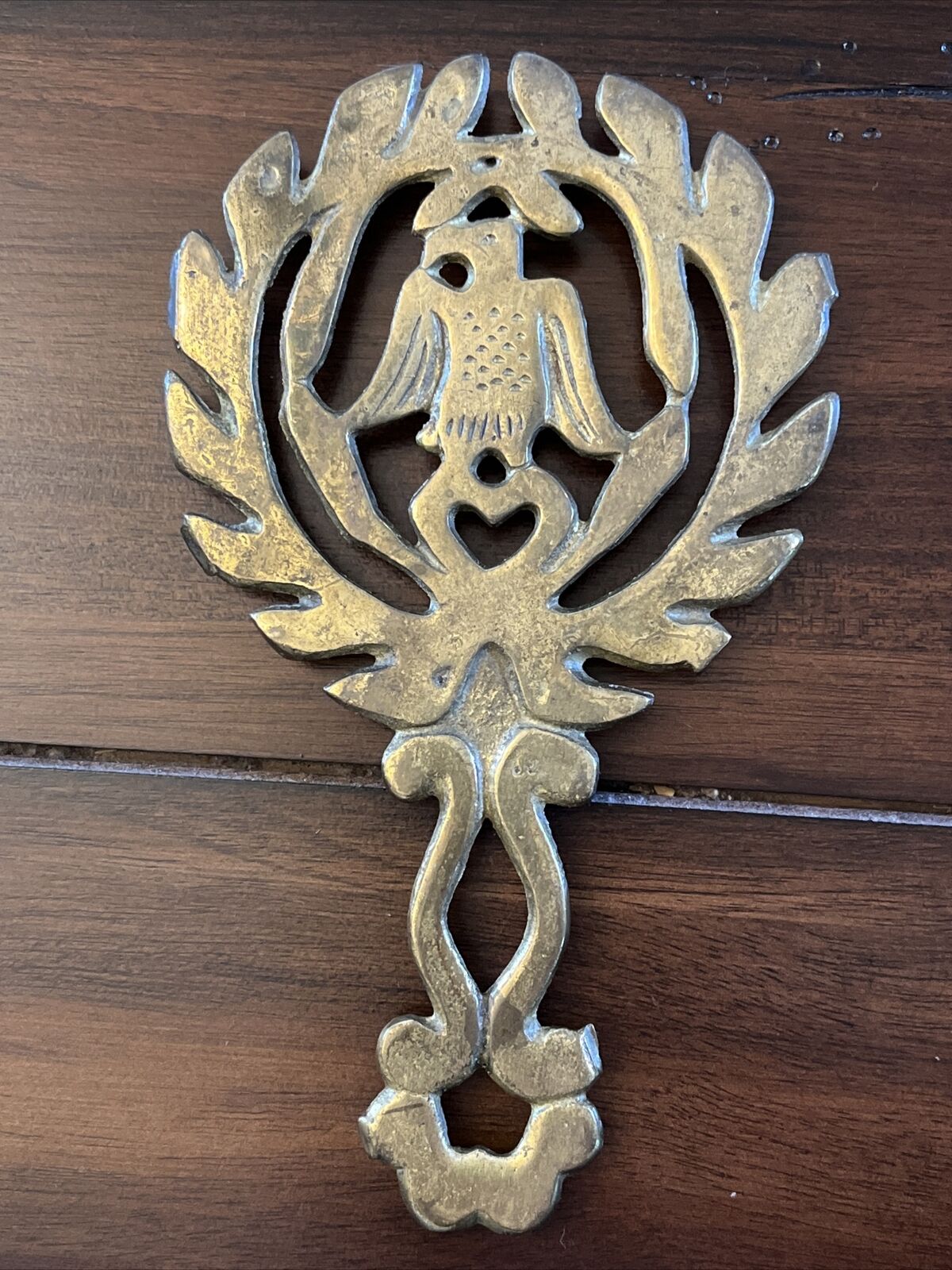 Vintage Brass American Eagle & Heart Kitchen Trivet with Feet / Wall Decor
