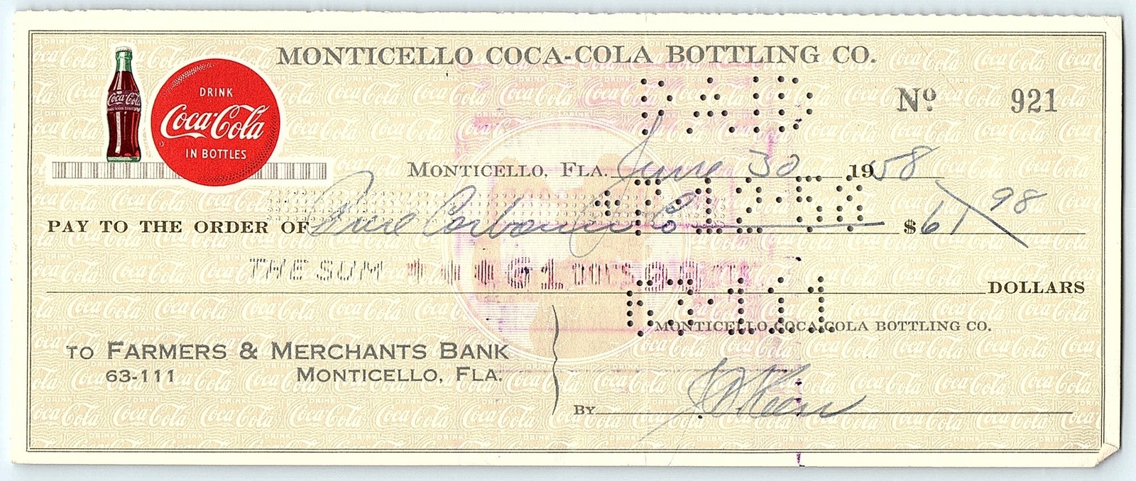 Vintage 1958 Monticello Coca-Cola Bottling Co. check