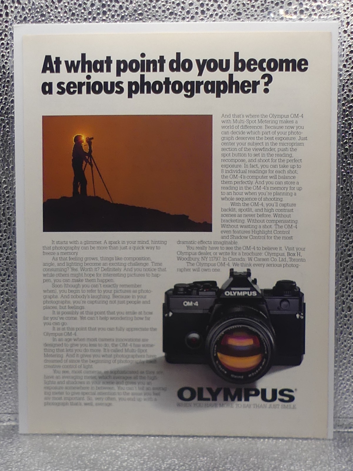 VTG Olympus OM-4 Camera Photographer Sunset 1984 Print Advertising Full Page Ad VTG Olympus OM-4 Camera Photographer Sunset 1984 Print Advertising Full Page Ad