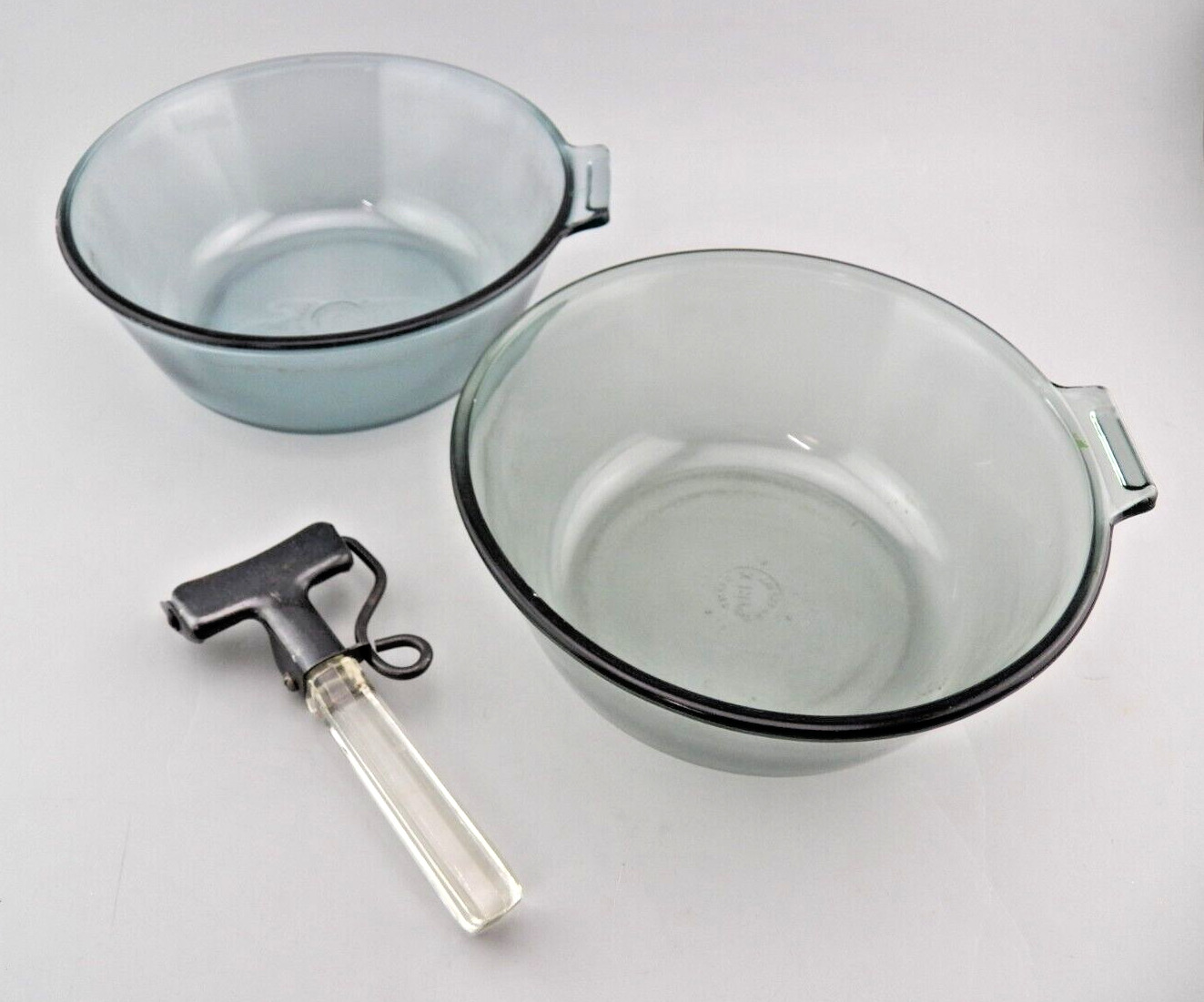VTG Pyrex Flameware Glass Cookware Pans with Glass Handle 3 Piece Set Pair #833B