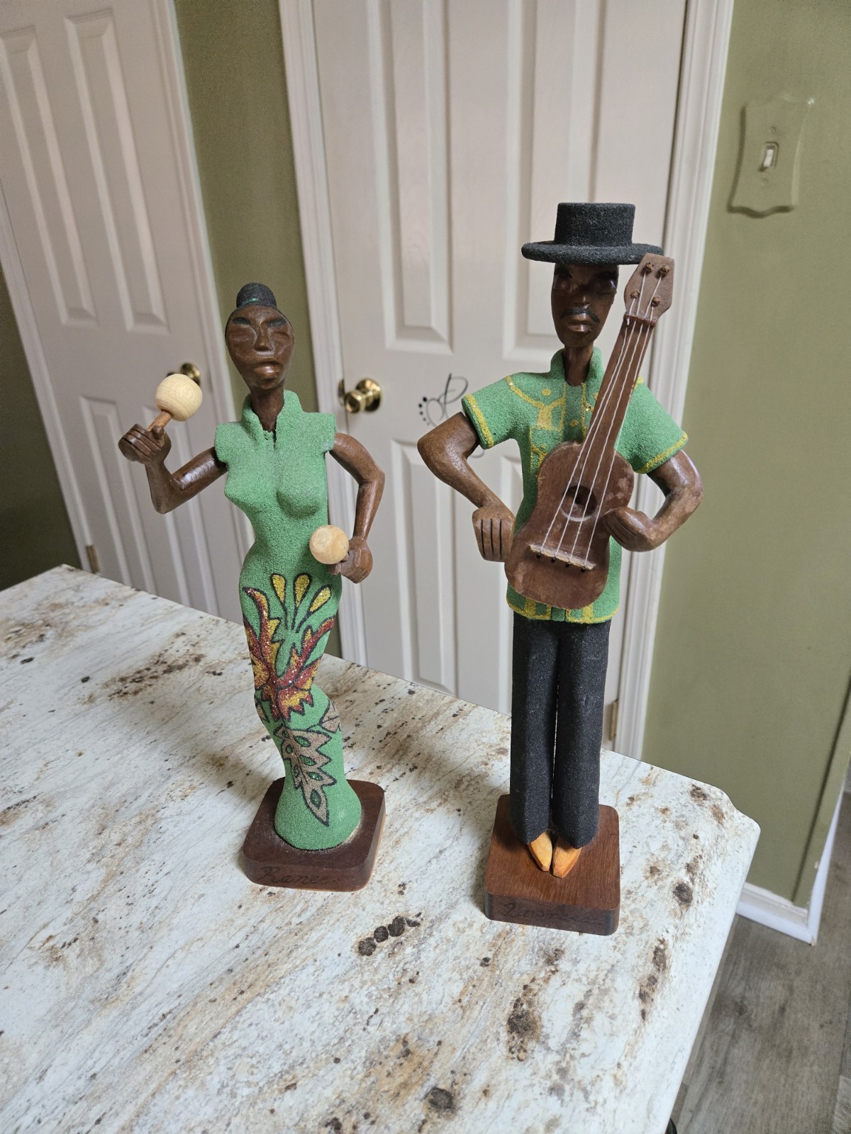 Vintage Pair Of Hand Carved Folk Art Musicians