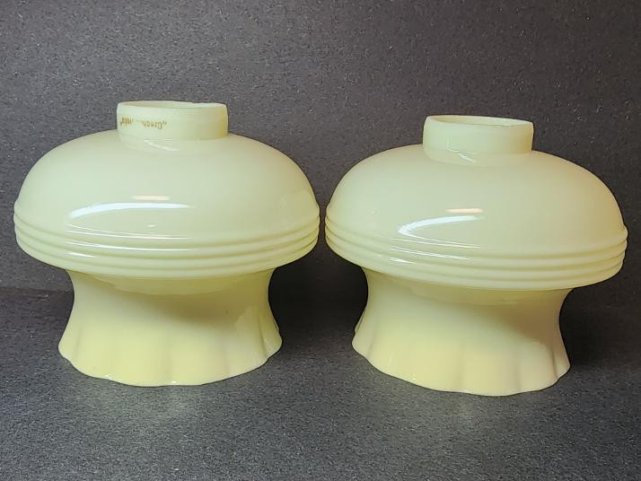 Vintage Czech Custard Yellow Opaline Glass Mushroom Lamp Shades Pair Art Deco