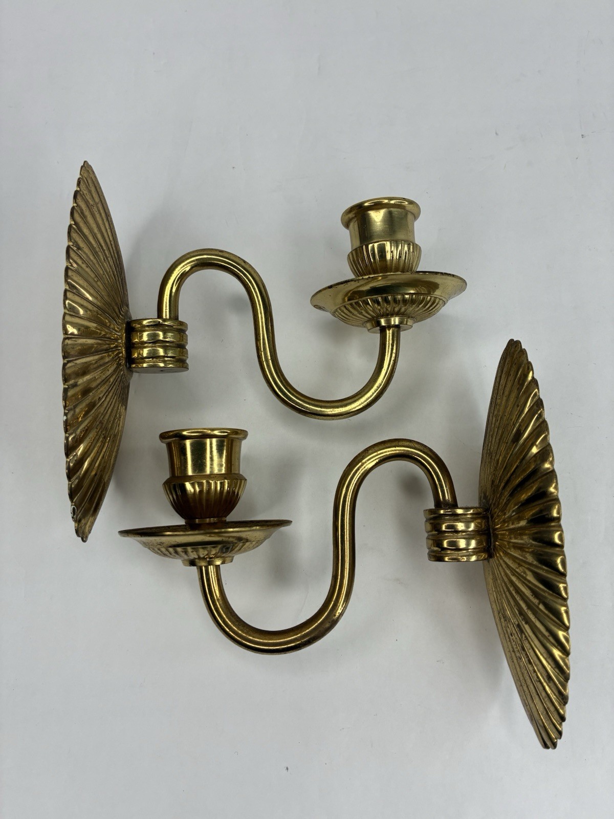 Pair Of Vintage Brass Scalloped Wall Sconce Candle Holders 5” X 5”