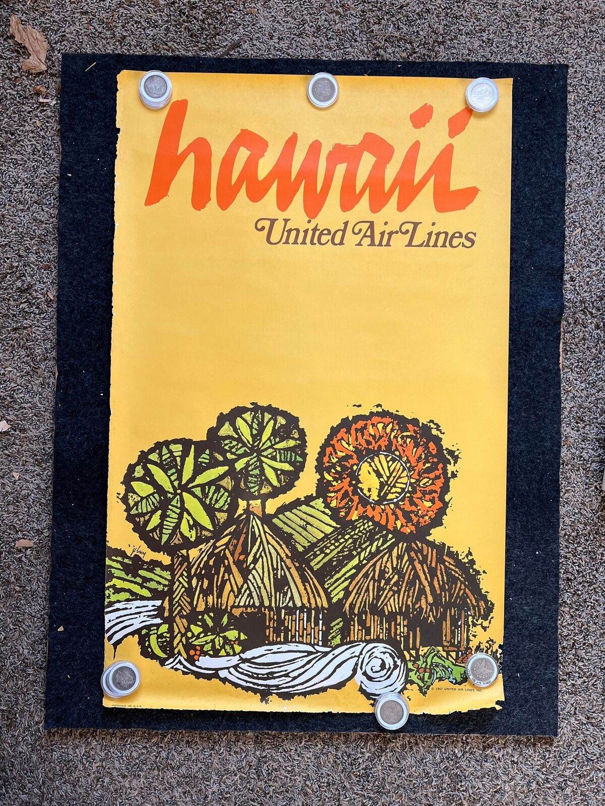 1967 Hawaiian United Air Lines Vintage Travel Poster, Original Travel Poster, V