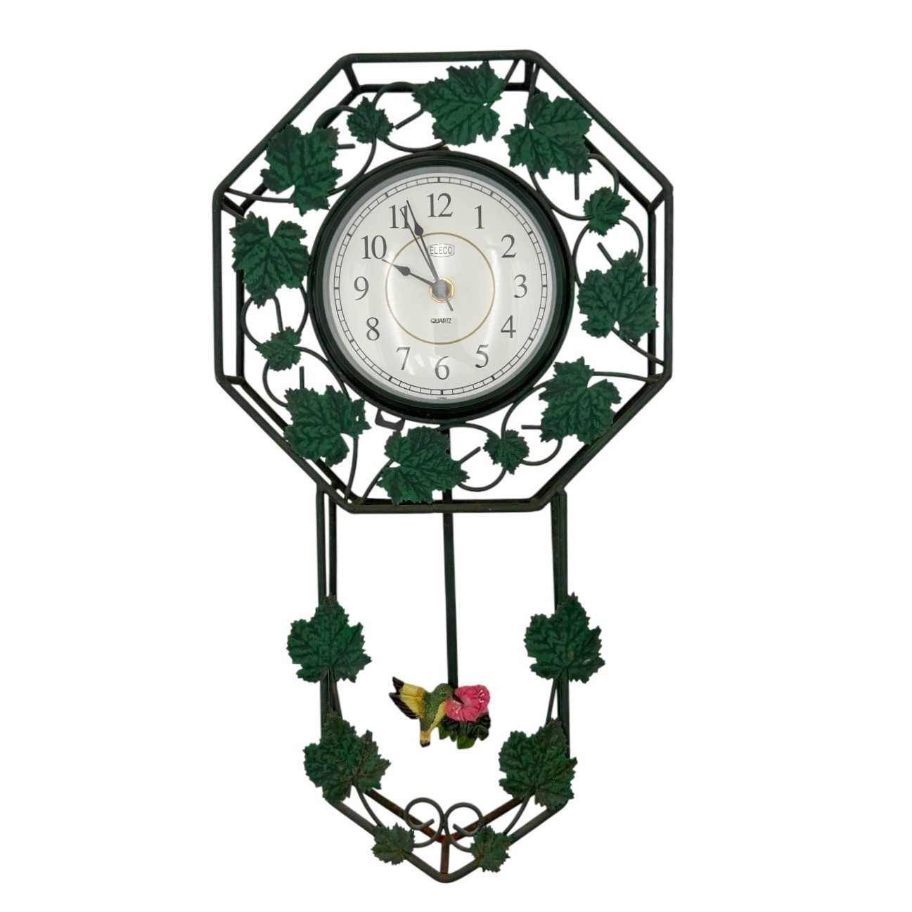 Vintage Eleco Quartz Ivy Vine Hummingbird Pendulum Metal Cottage Wall Clock