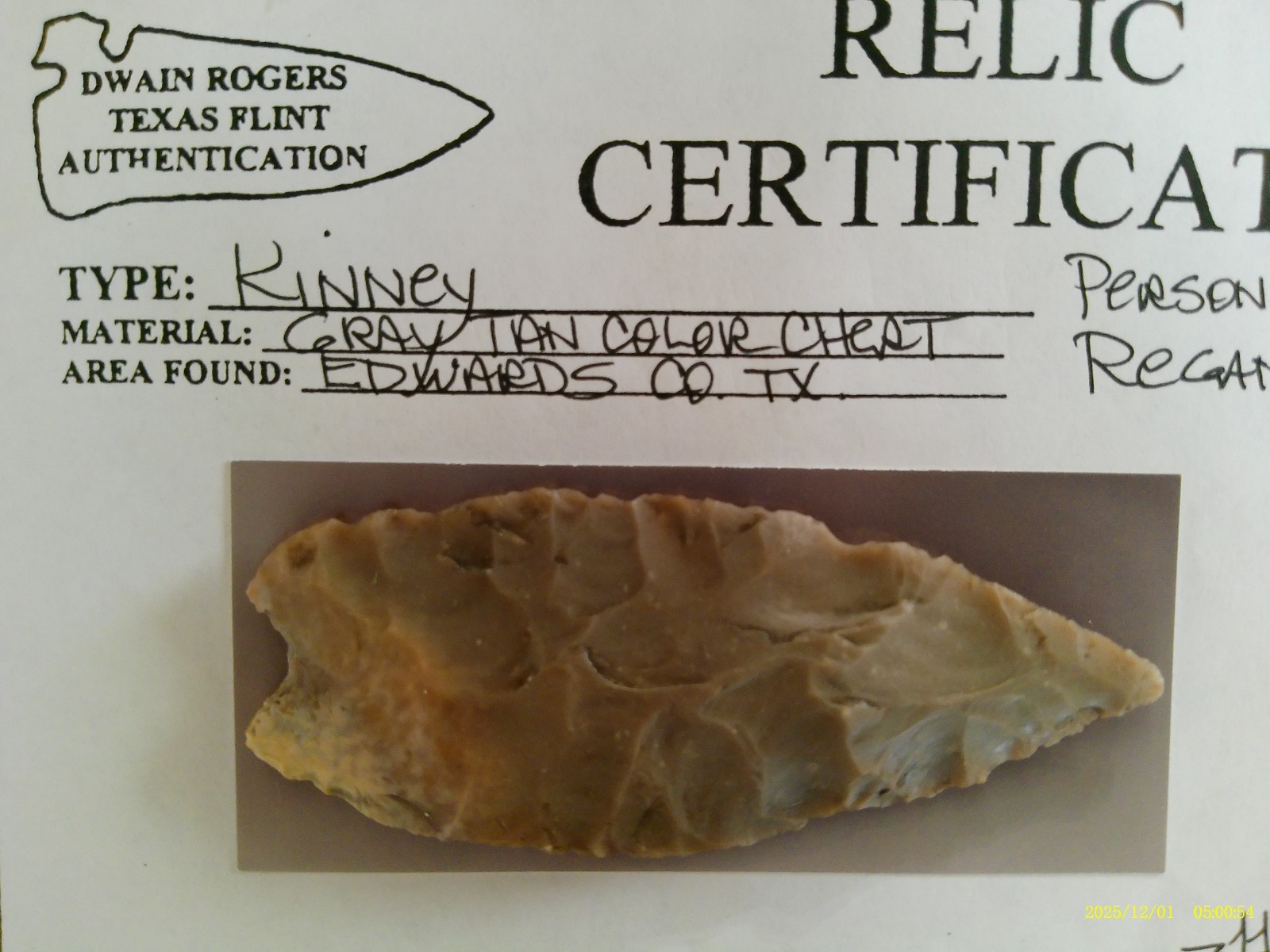 Papered Cent Texas Kinney Knife Arrowhead Prehistoric Artifact  P18