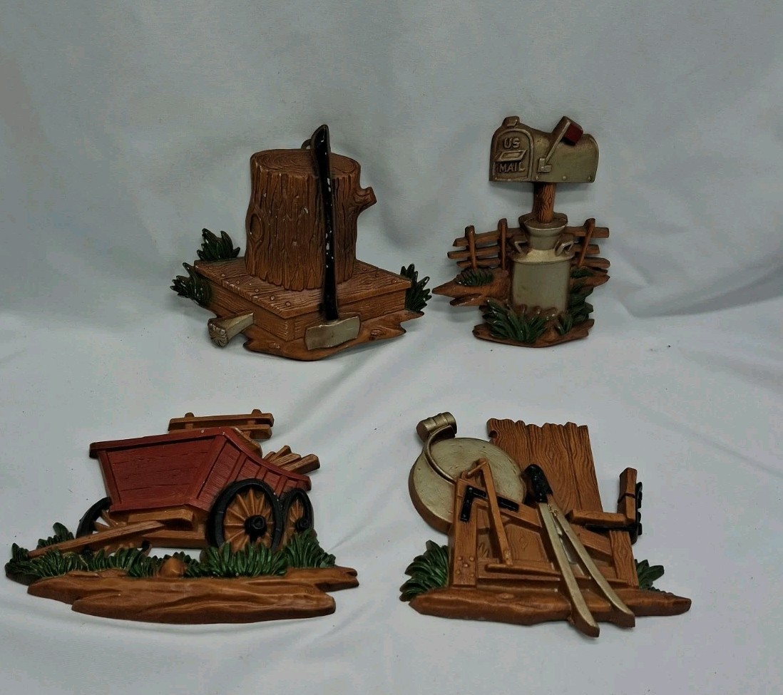 4 Vtg 1975 Sexton Cast Metalware Rustic Wall Decor Set - USA-Tree Wagon Mail Ax