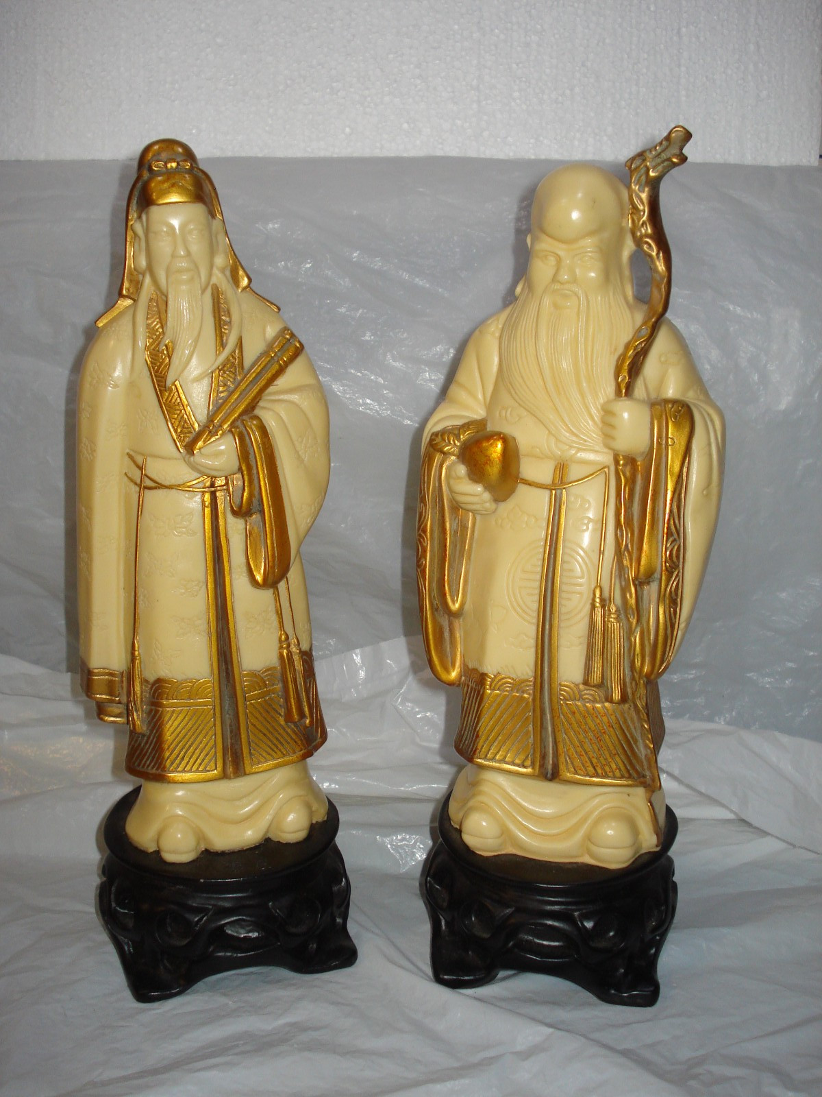 LOT of 2 Chine faux ivory 12” Fu Xing Shen & Shou Xing Lao Gods Asian Figurines