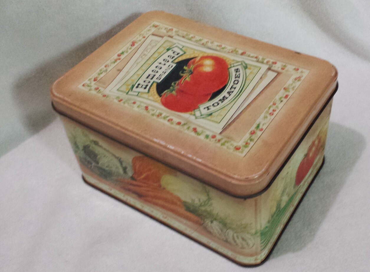 Vtg Empty Metal Tin Rectangular Box w/ Lid Homestead Brand Tomatoes Toleware Vtg Empty Metal Tin Rectangular Box w/ Lid Homestead Brand Tomatoes Toleware