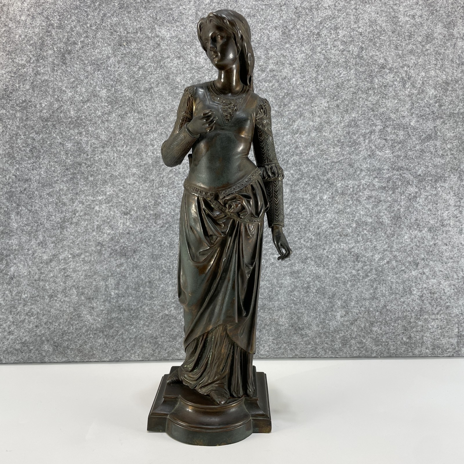Antique 19th C French Bronze Sculpture Medieval Maiden Woman Signed Jules Graux