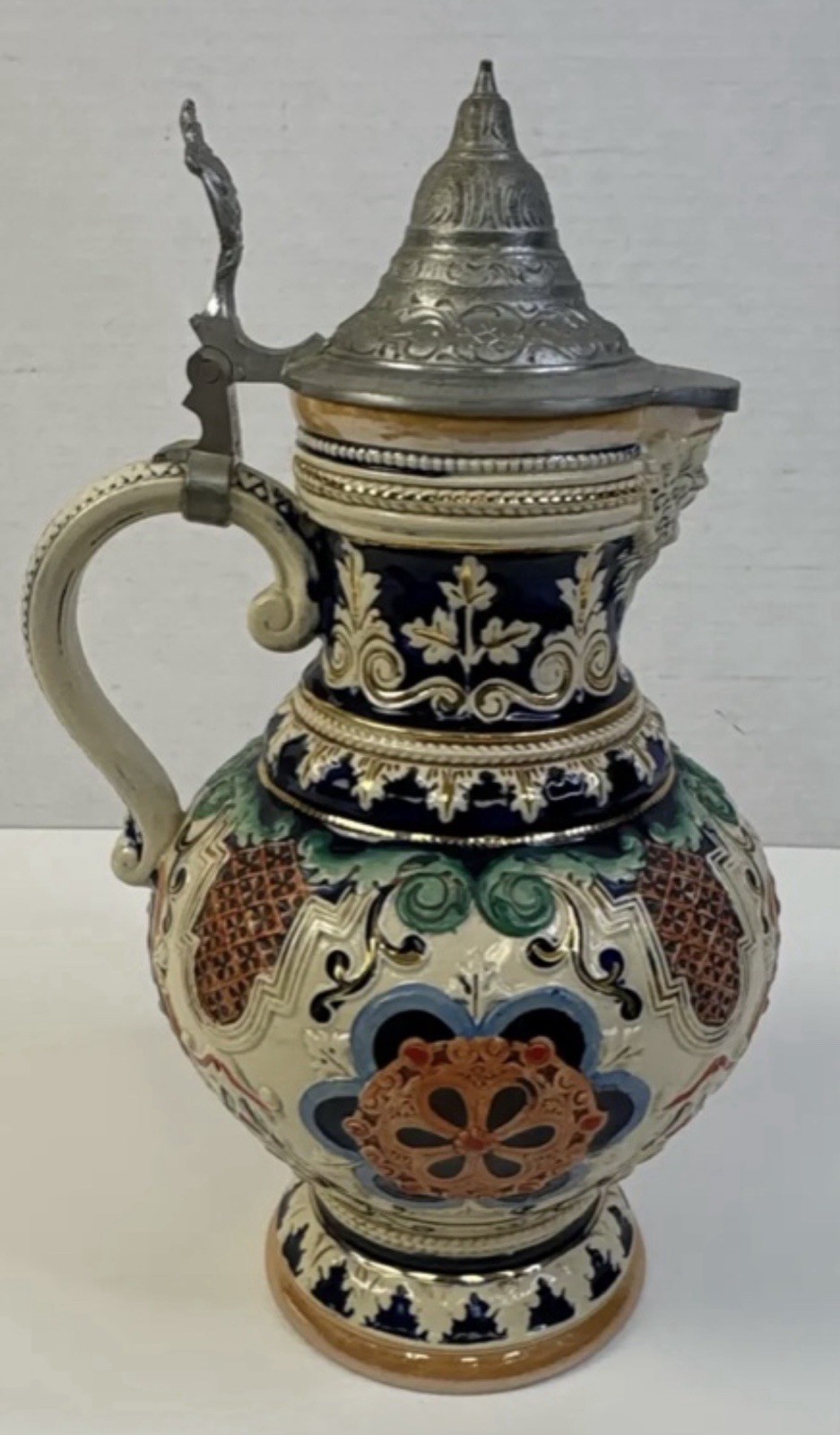 Antique German Garmisch Renaissance Revival Schenkkrug Pewter Lid Pitcher 14”