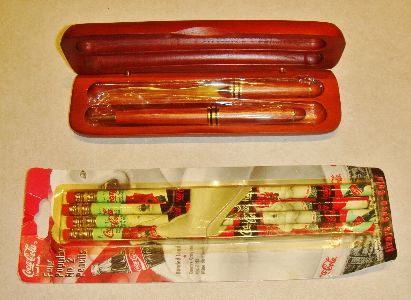 Vintage  HILTON Las Vegas  Pen  + Letter Opener  Wood Case + Coca Cola Pencils