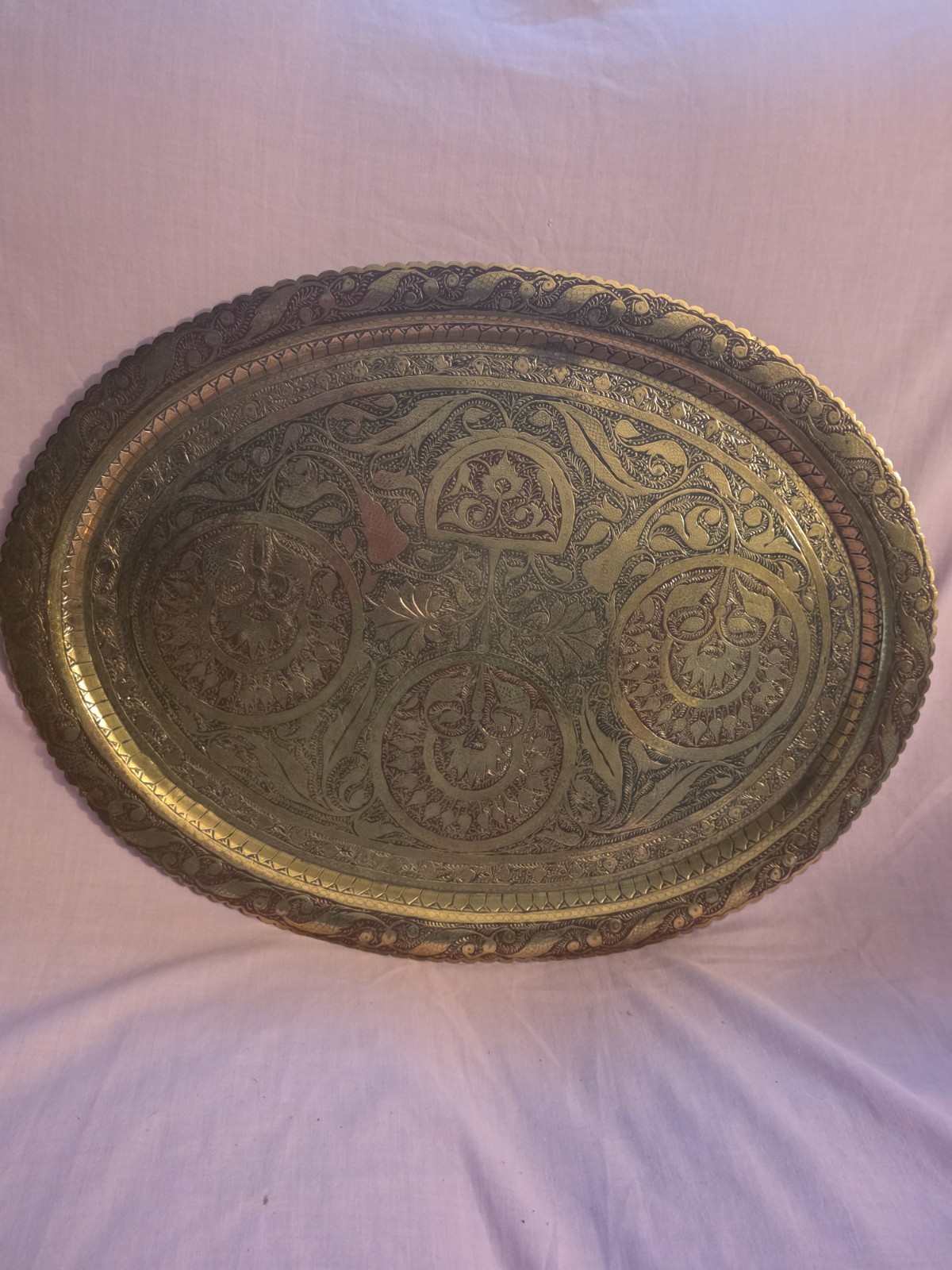 Large Oval Moroccan Serving Tray 24x18 Hand Hamered,Brass, Extra Heavy