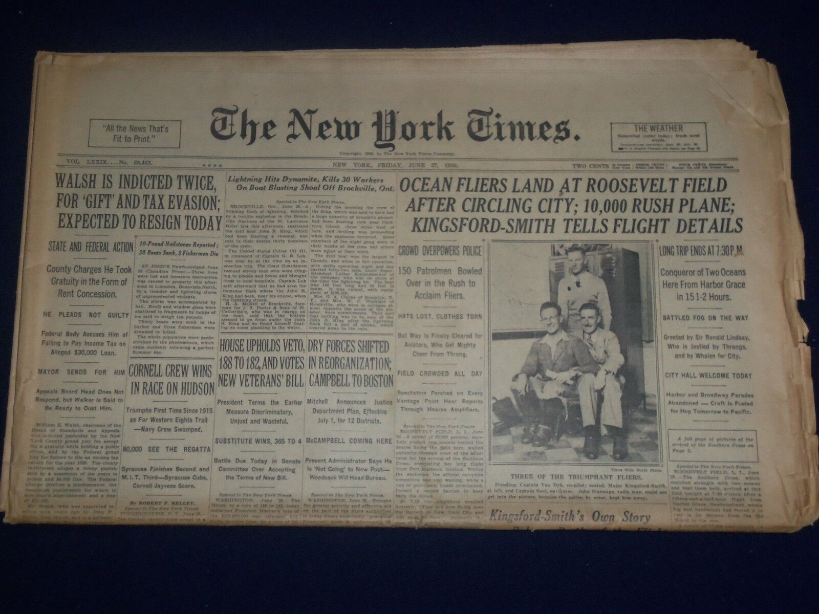 1930 JUNE 27 NEW YORK TIMES NEWSPAPER - OCEAN FLIERS LAND AT ROOSEVELT - NP 991