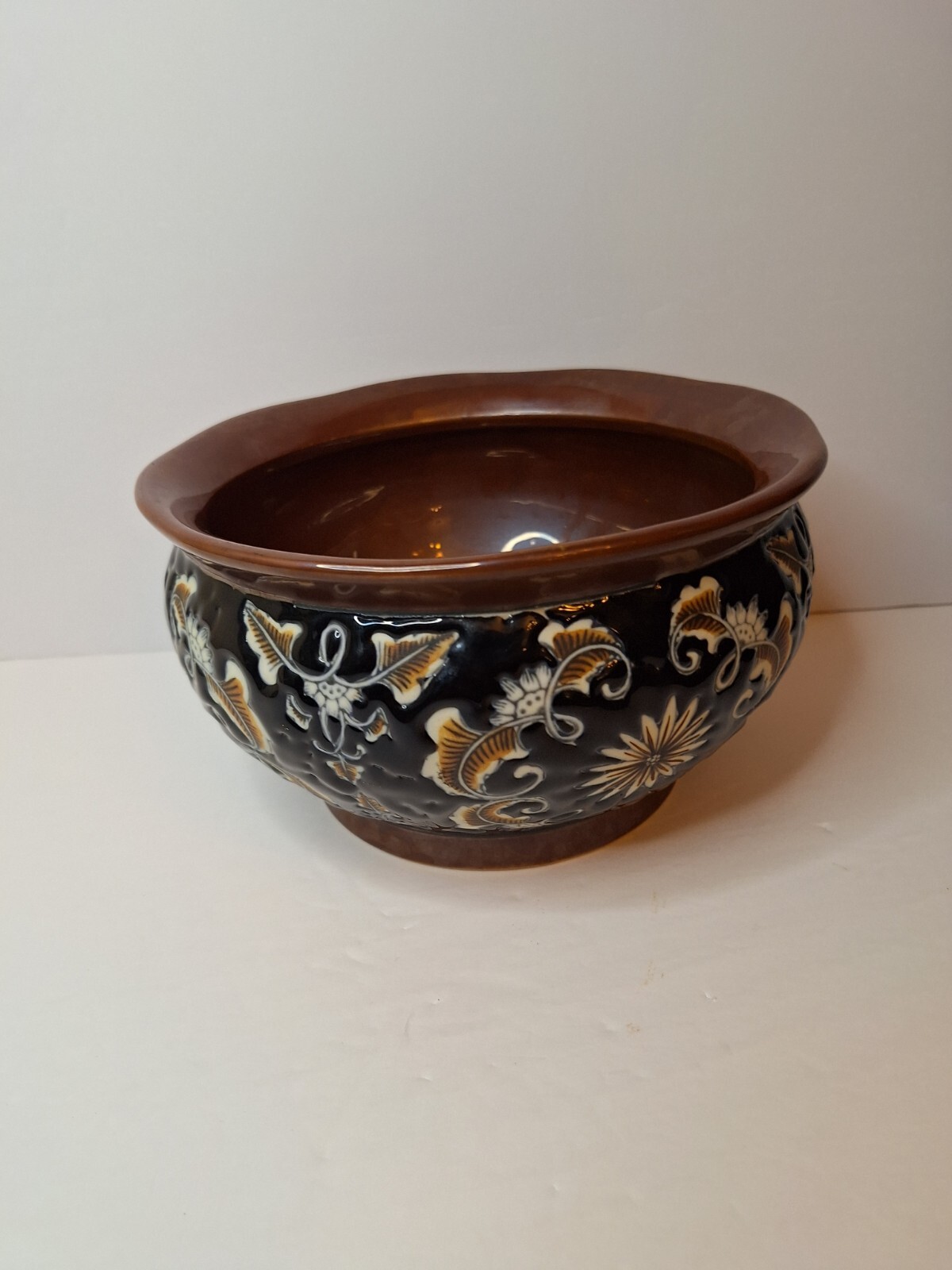 Antiq. Majolica Jardiniere-Brown Inter.-Dark Brown Enameled Body w/Flowers-SALE