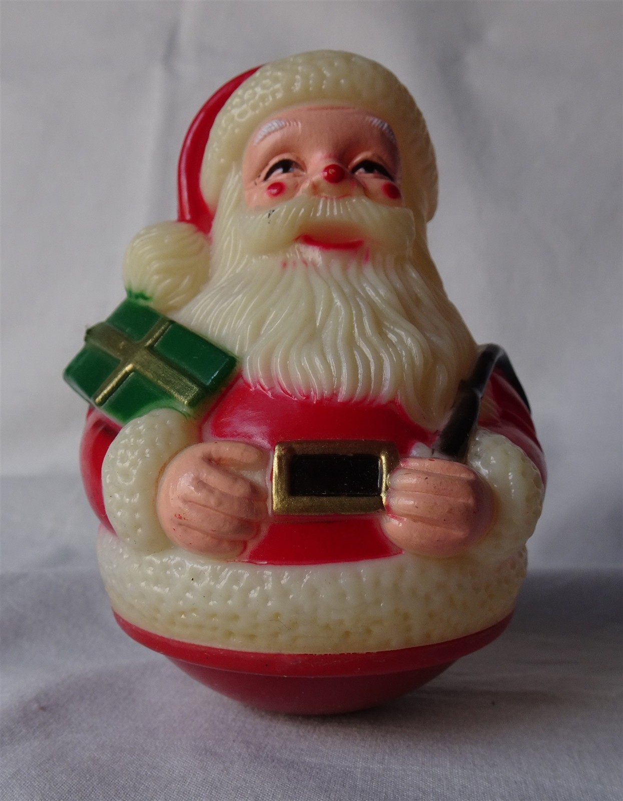 Vintage Roly Poly Plastic Santa Claus with Christmas Gift Wobbler Toy, 1950's