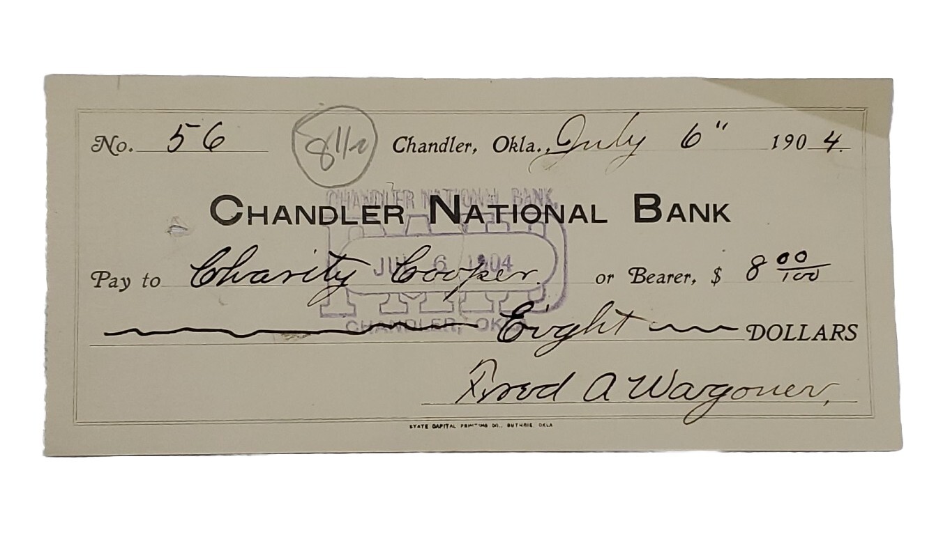 1904 Bank Check: Chandler National Bank, Chandler, OK - Charity Cooper
