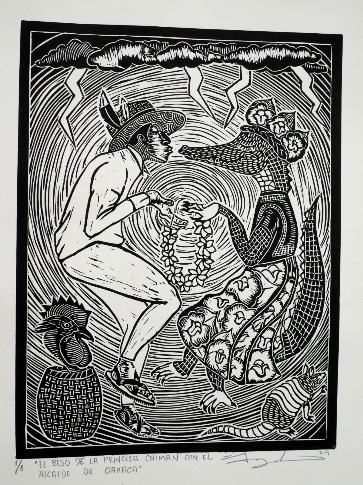 Traditional Oaxacan Folk Dance Woodcut Print Art Handmade Mexican Guelaguetza