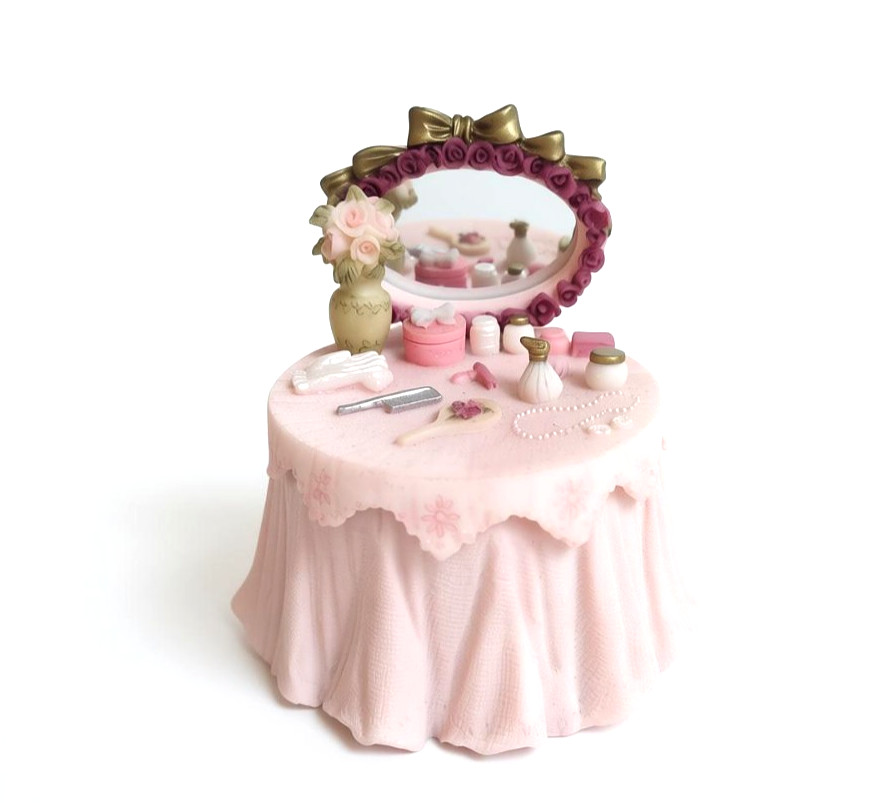 Vintage Pink Vanity Table Trinket Box Resin Lidded Jewelry Dish Mirror Coquette
