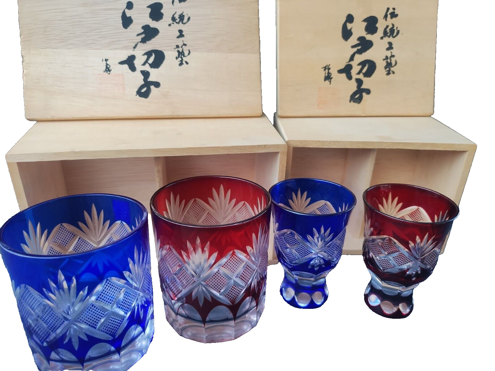 2 Edo Kiriko Tajima Glass Sets Blue Red Rocks Cut Pattern Japanese New With Box