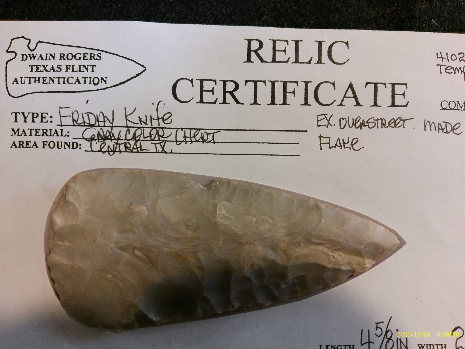 Papered Cent Texas Friday Knife Arrowhead, Prehistoric Blade *FREE SHIPPING* P27