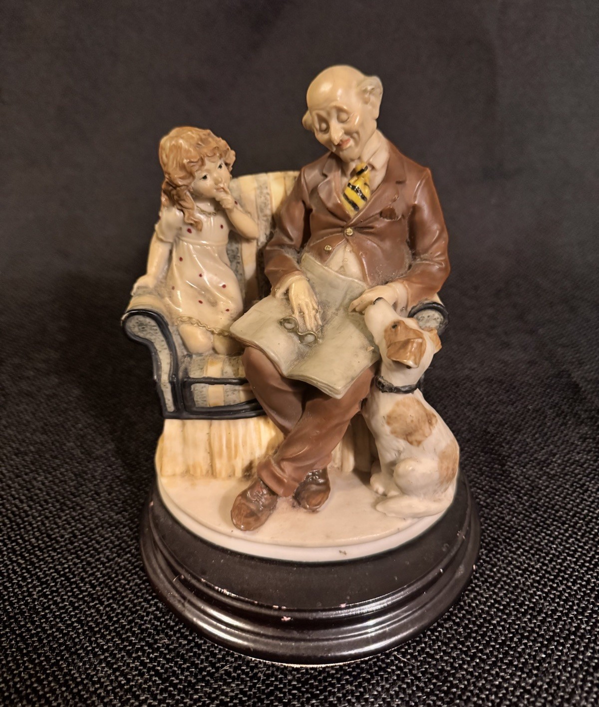 Vintage Porcelain Grandfather Reading Book Girl Dog Figurine Wood Base Decor