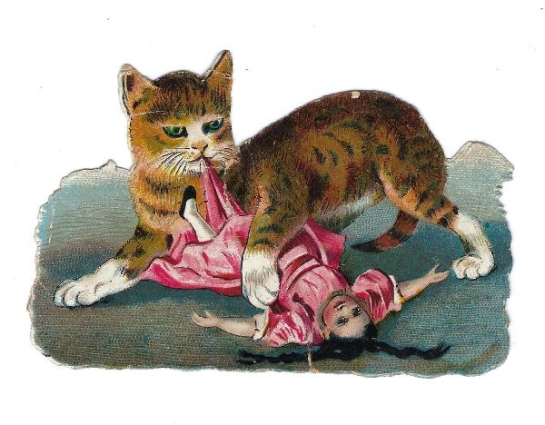 1888 Chromo, NAUGHTY CAT CHEW TOY DOLL, Antique Victorian Die-Cut Scrap 3