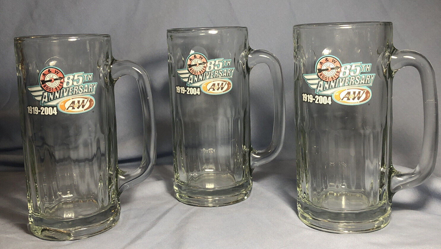 A&W Root Beer 85TH Anniversary 16oz 7” Mug 1919-2004 Dimpled Glass,(3)USED,H-4-2