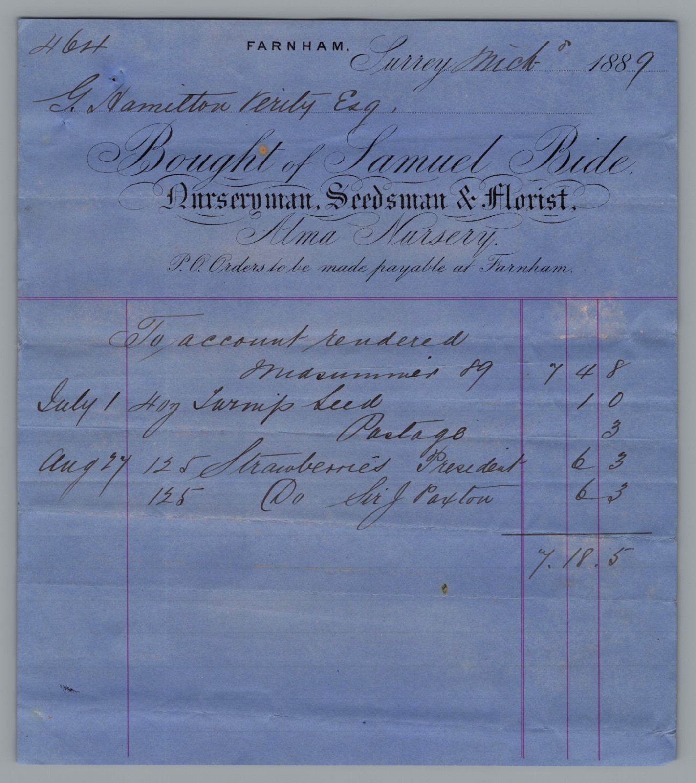 1889 Billhead  SAMUEL BIDE FLORIST  Farnham, Surrey - Uk Rare