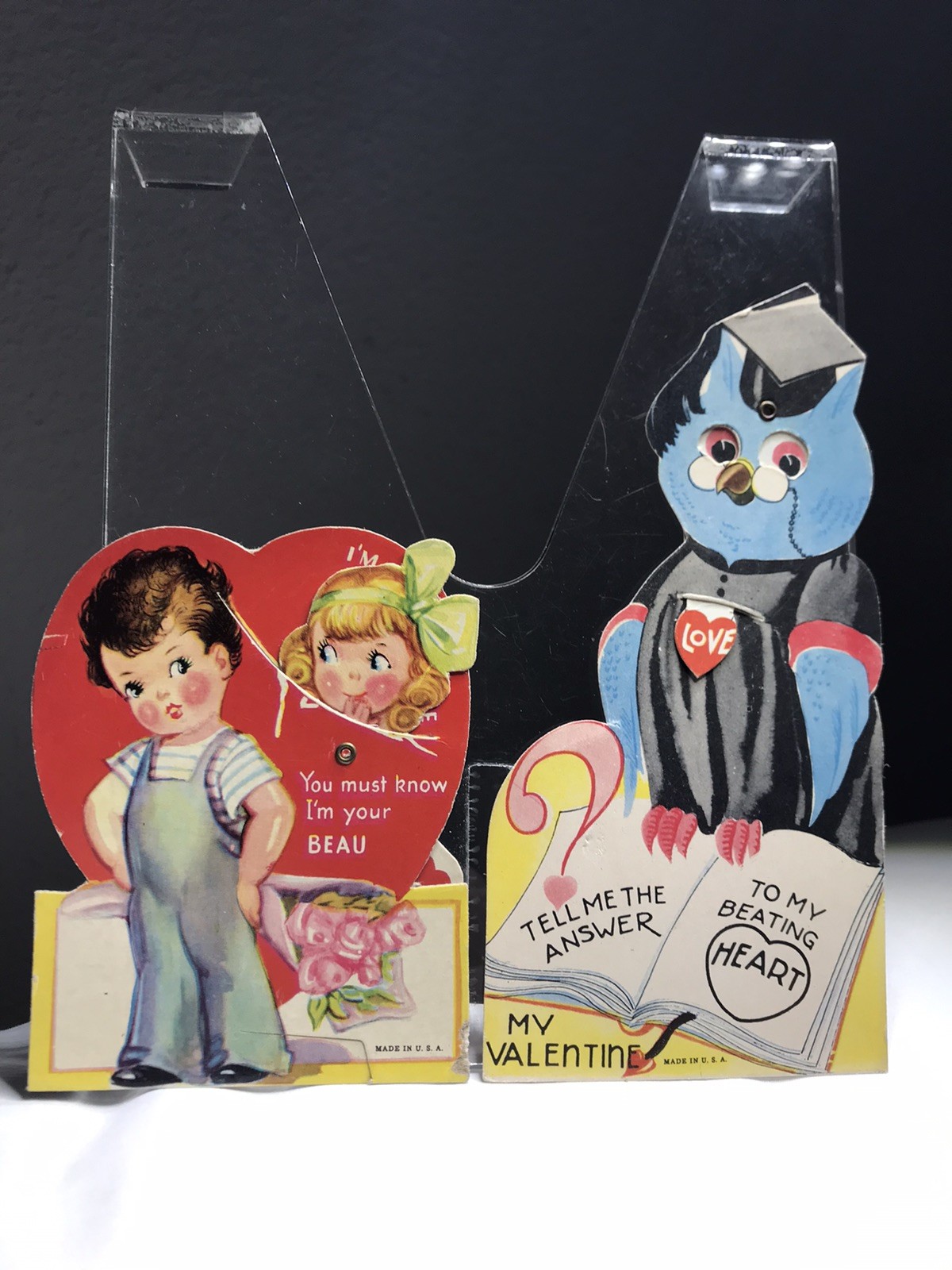 Vintage Lot Of 2 Mechanical Valentine Day Cards ~ USA ~ Owl & Cute Couple