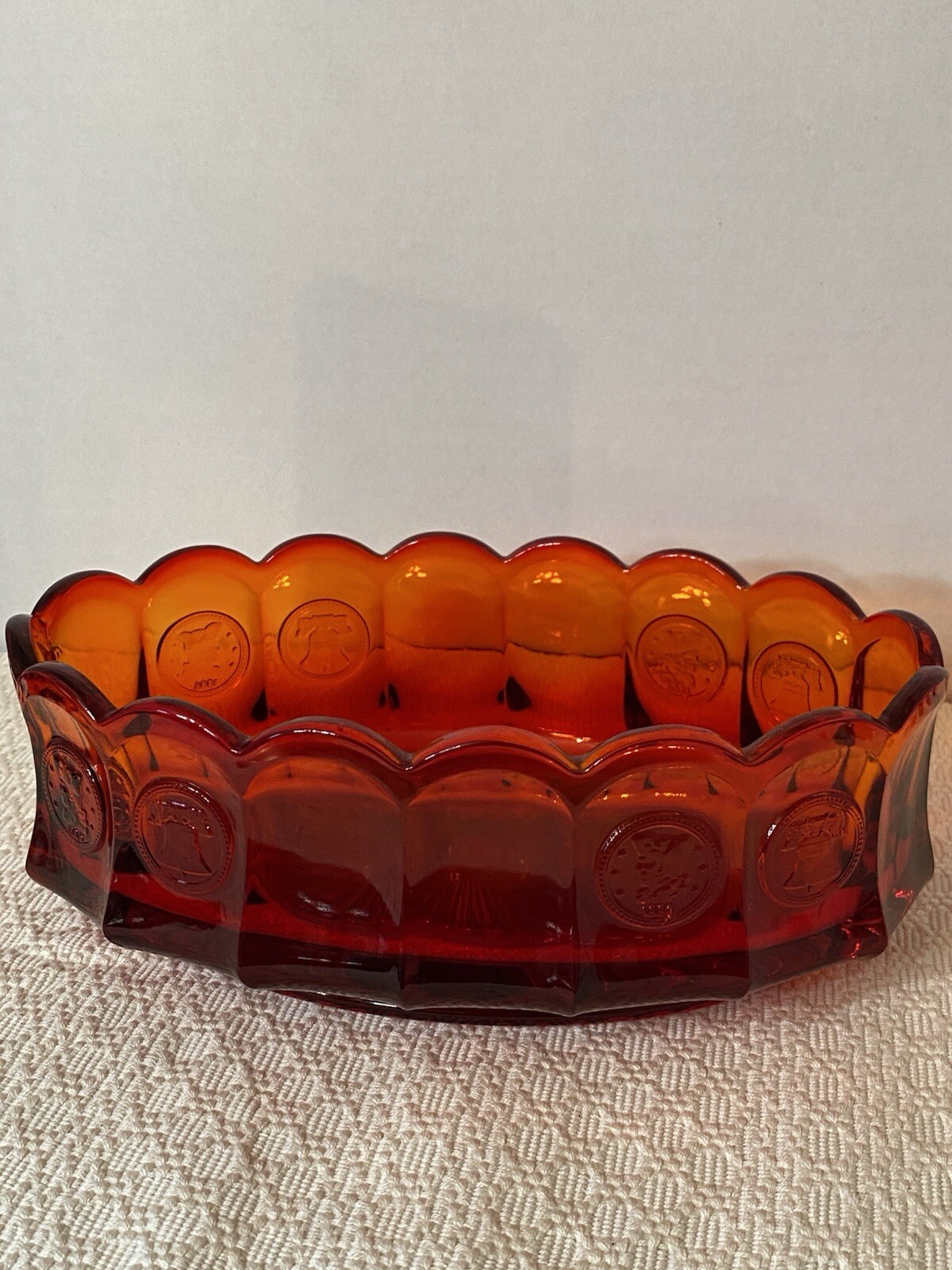 Vintage Fostoria Liberty Coin Amberina Scalloped Bowl