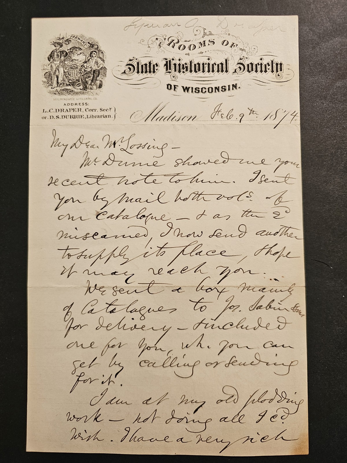 1874 Lyman C. Draper ALS to Benson J. Lossing – Sabin, Butterfield, Fort Sumter