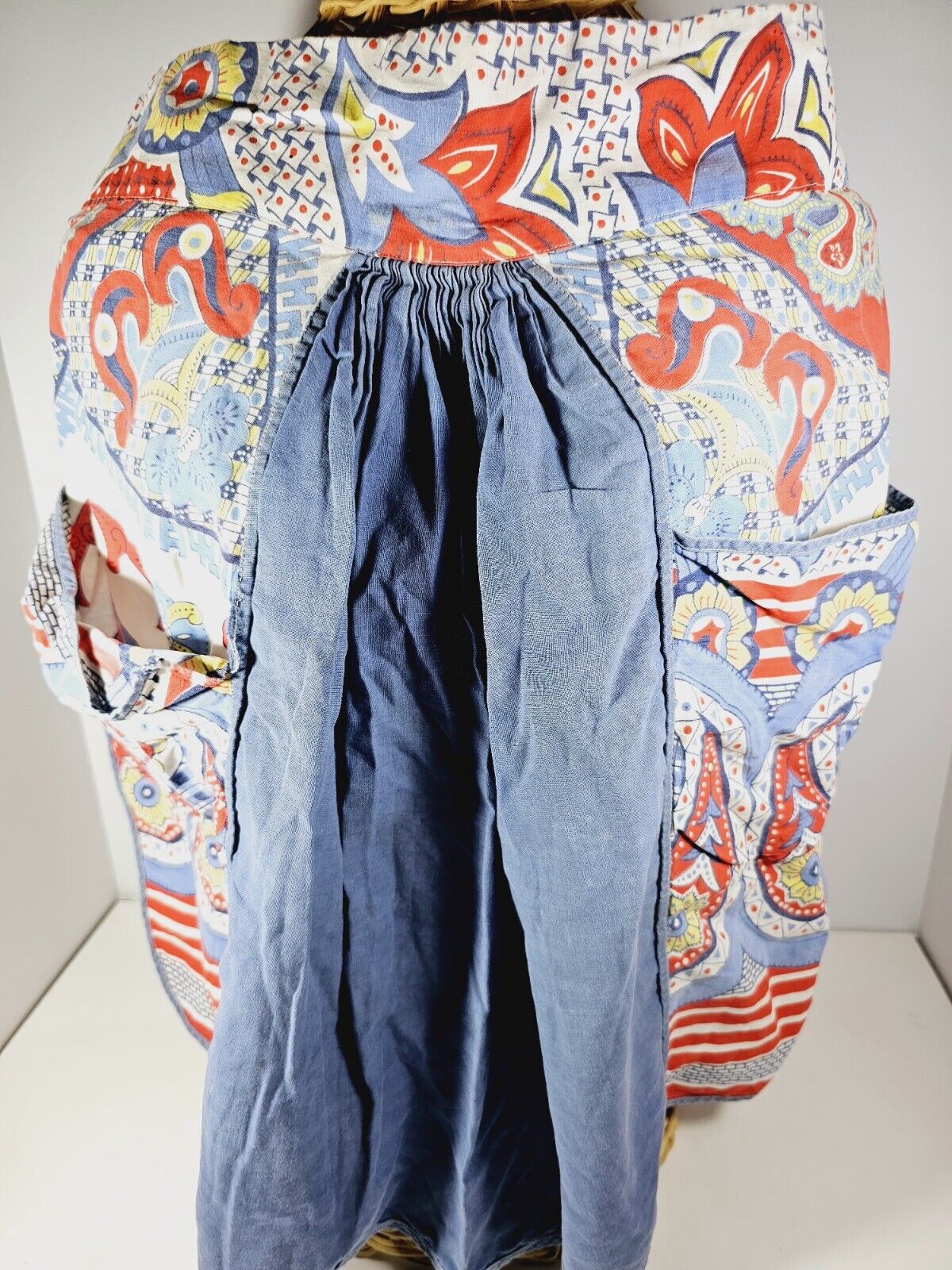 Vintage Blue & Colorful Pattern Pocket Half Apron