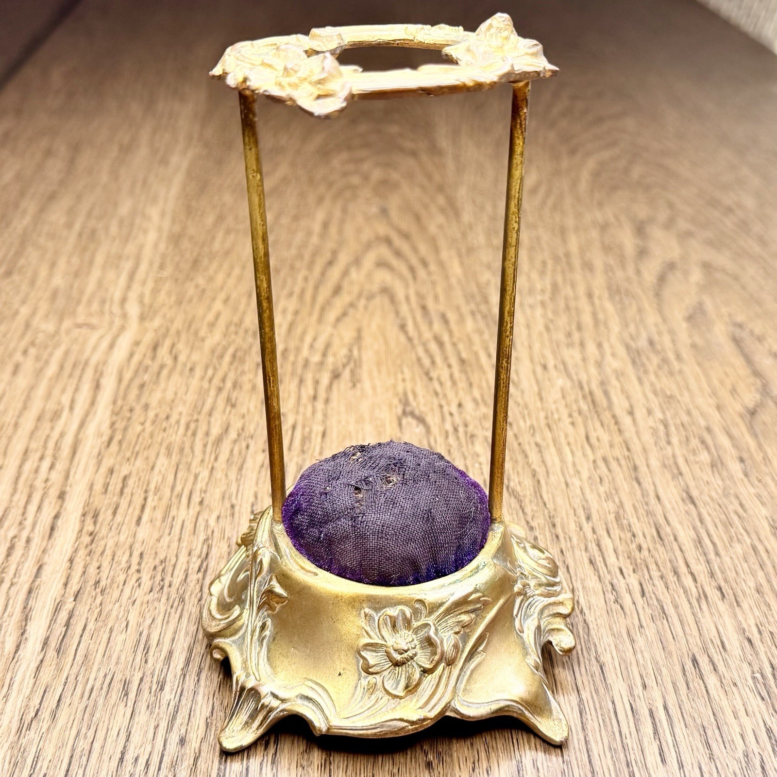 Antique Art Nouveau Gilt Metal Hatpin Holder Purple Pincushion Floral Vanity