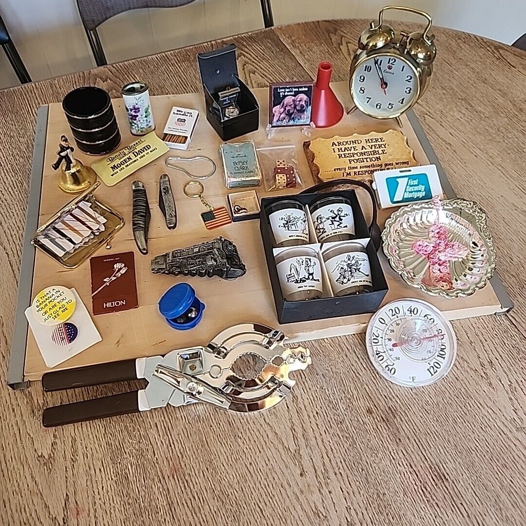 Junk Drawer Lot Variety Vintage Pieces Clocks Knives Dice Matches Etc...As Is