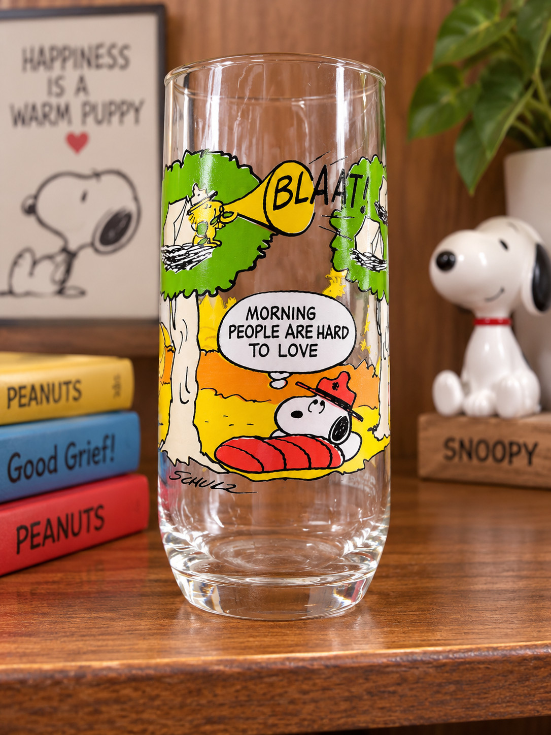 Snoopy MORNING PEOPLE ARE HARD TO LOVE VTG McDonalds Glass Camp Snoopy Woodstock