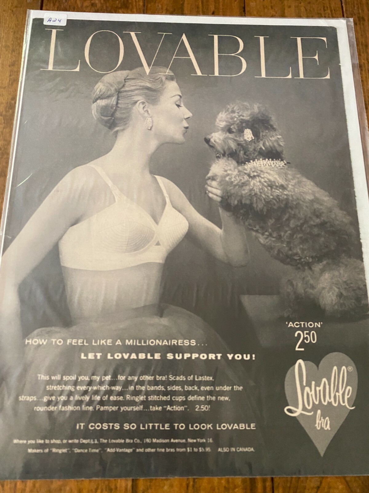 Vintage 1955 Lovable Bra Woman With Poodle ad