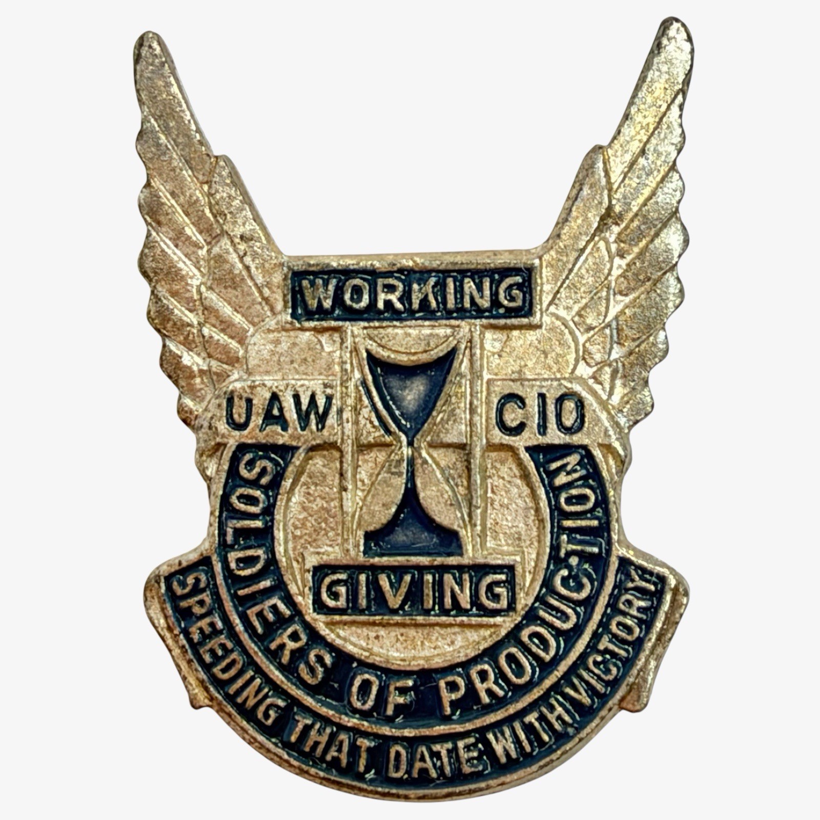 Vintage WWII UAW CIO Soldiers of Production Homefront Greenduck Pin Back Badge