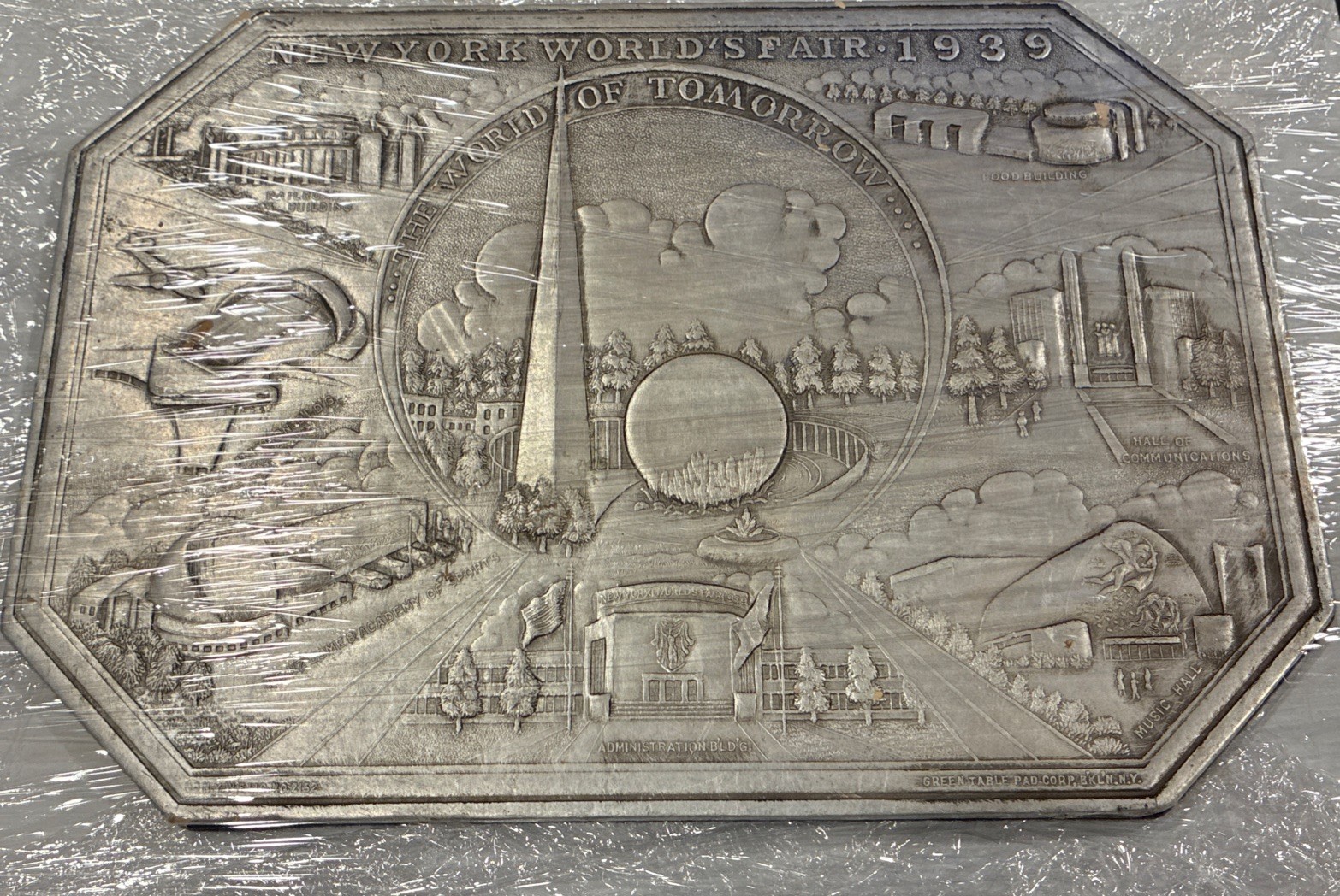 VTG 1939 NY Worlds Fair, Hot Plate Pad Mat Trivet 7x10 With Original News Paper