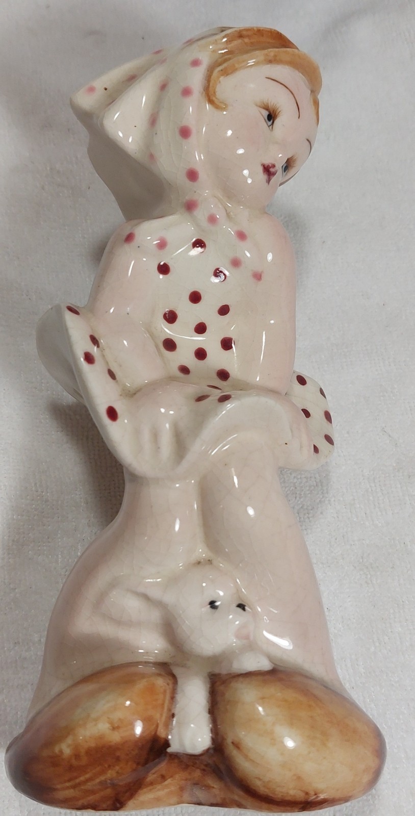 VTG MCM Porcelain Figurine Girl Polka Dot Dress Puppy Murray Kreiss Import