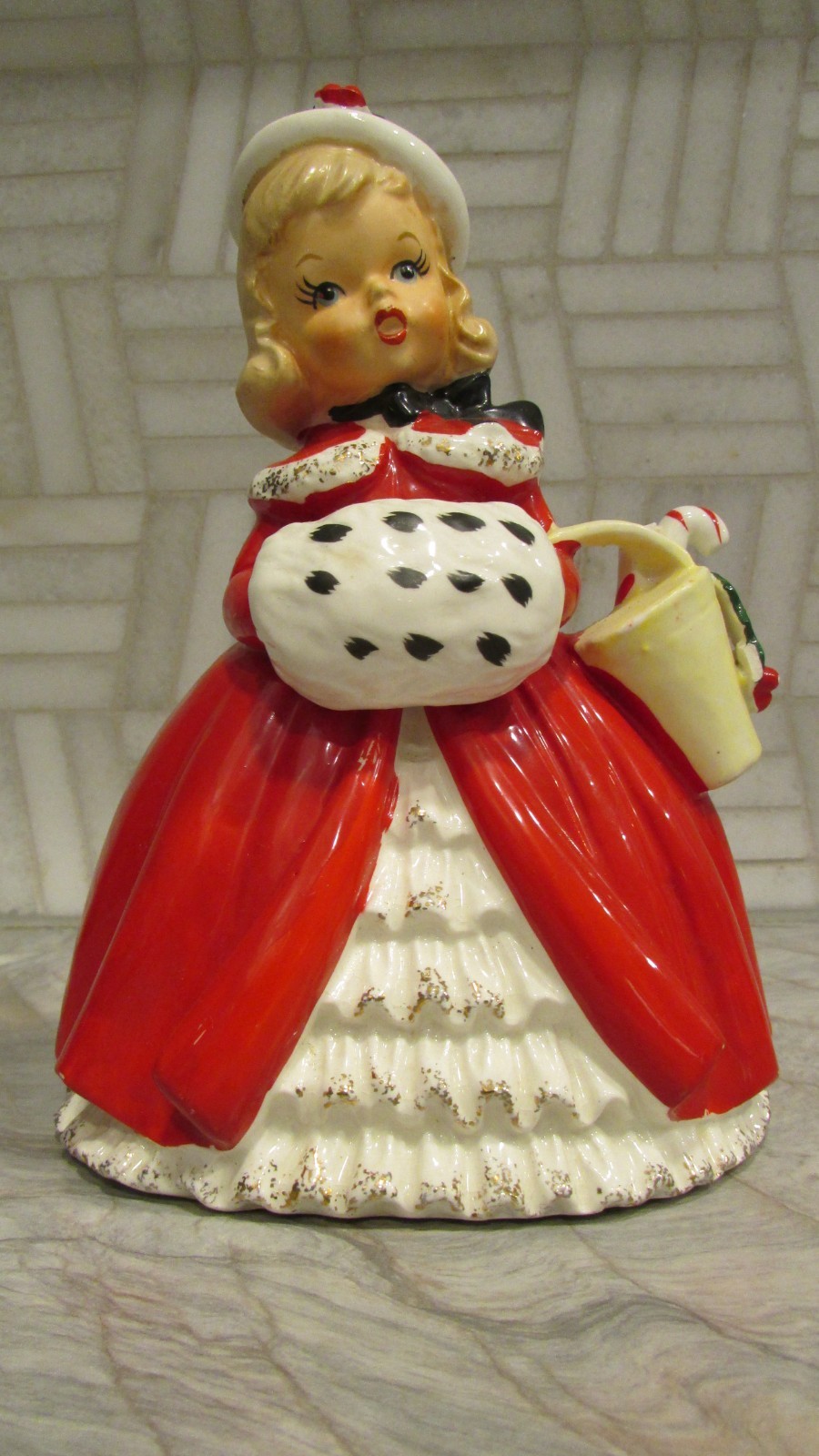 Vintage Napco Japan 1956 Red Christmas Porcelain Girl Planter w Muff CX2266C 