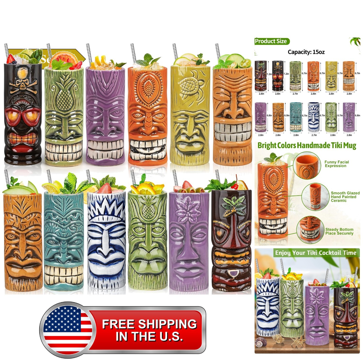 Tiki Mugs Set of 12 - Large Cocktail Tiki Glasses Hawaiian Party Cute Exotic ...