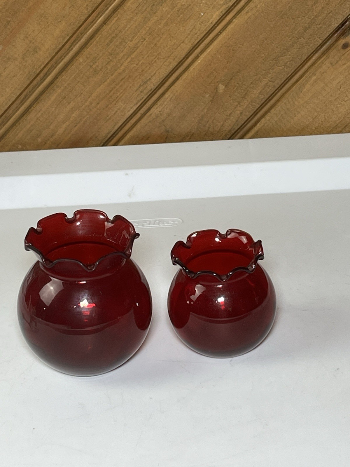 VTG Ruby Red Round Glass Vase Set Of 2 Pcs - 2-1/4” & 2-3/4” Ruffled Fluted Rim