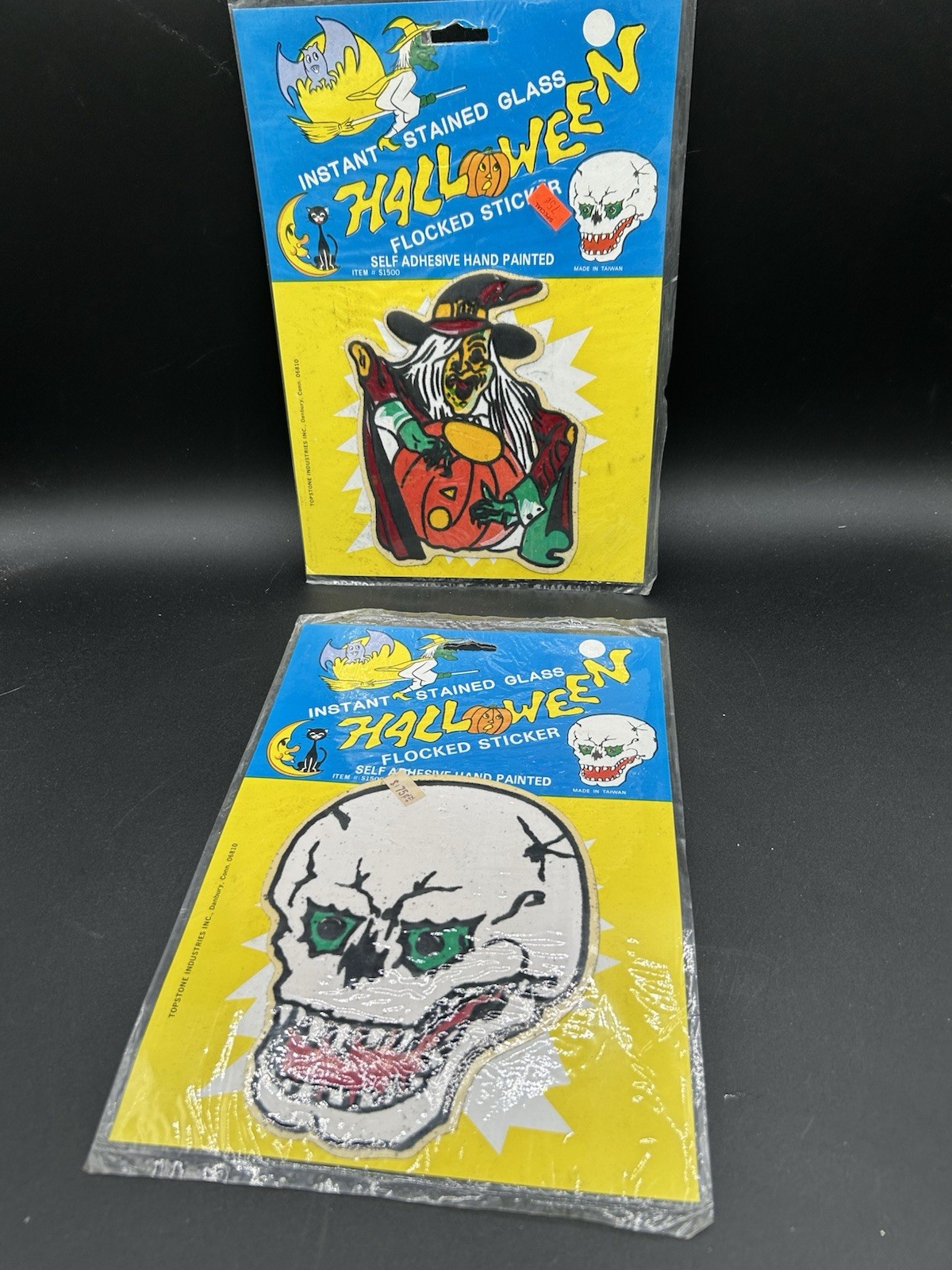 Vintage Topstone Halloween Flocked Stained Glass Big Sticker Lot Skull Witch