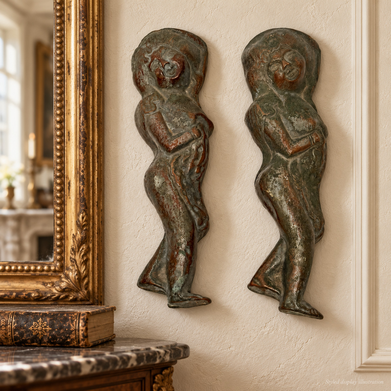 Pair Art Nouveau Metal Maiden Figural Wall Decor Sculptures Patinated Finish