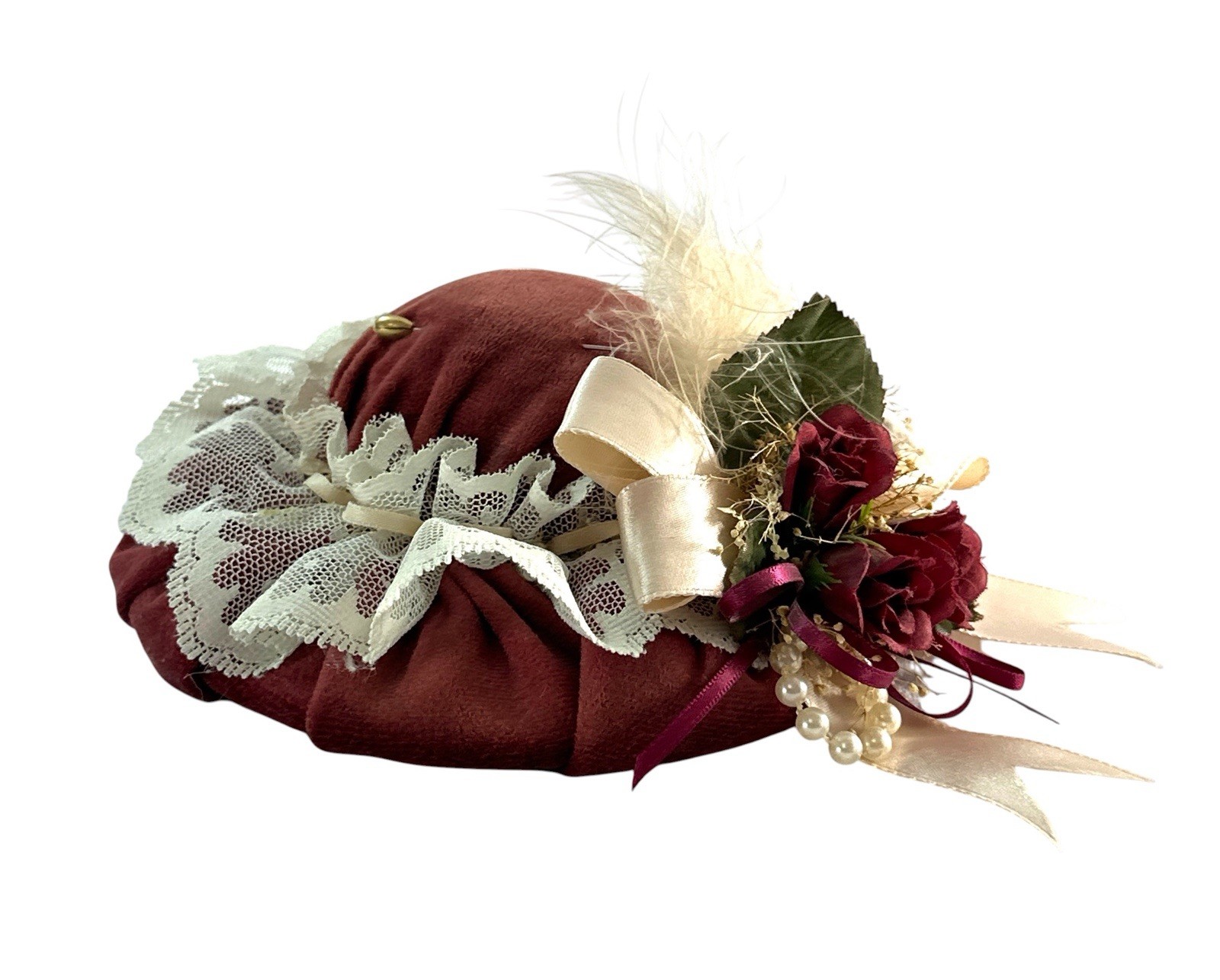 Vintage Victorian Style Hat Pincushion Burgundy Velvet Lace Roses 6” Sewing