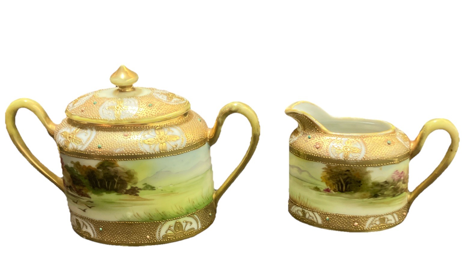 (3Pc) Nippon Gold Moriage  Creamer & Lidded Sugar Bowl Hand Painted Scenes (A2)